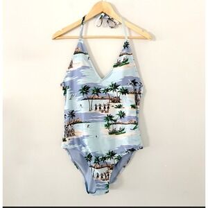 Aerie One Piece Swimsuit Full Coverage Halter Neck‎ Tropical Print Women's